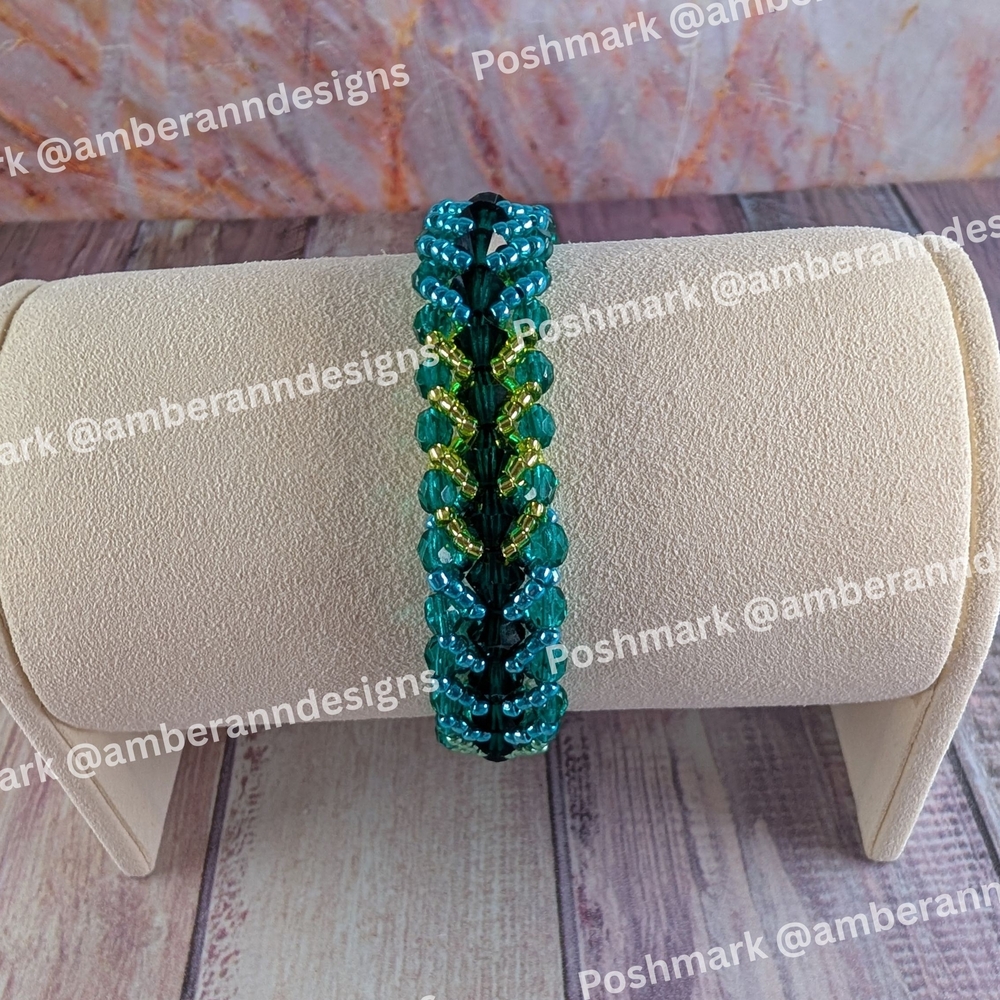 Handmade Lake Country Bling Bracelet With Blue & Green Ombre Herringbone Pattern